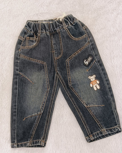BOYS JEANS CODE-B60 Boys Dark Wash Elastic Waist Denim Jeans with Bear Patch | Stylish Casual Kids Jeans