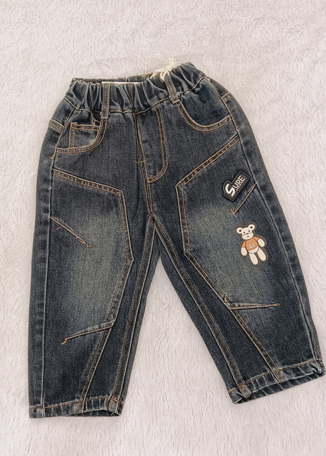 BOYS JEANS CODE-B60 Boys Dark Wash Elastic Waist Denim Jeans with Bear Patch | Stylish Casual Kids Jeans