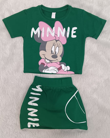 GIRLS CORDSET CODE-A66 He & She Girls Minnie Mouse Green Cotton Co-Ord Set | Kids Summer T-Shirt & Shorts Set