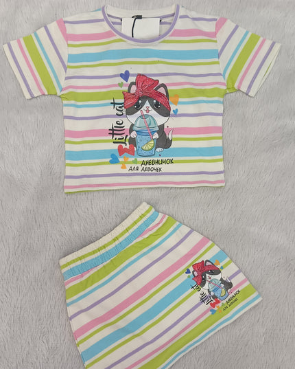 GIRLS CORDSET CODE-A67 He & She Girls Rainbow Stripe Printed Co-Ord Set | Cute Cartoon Top & Skirt Set for Girls