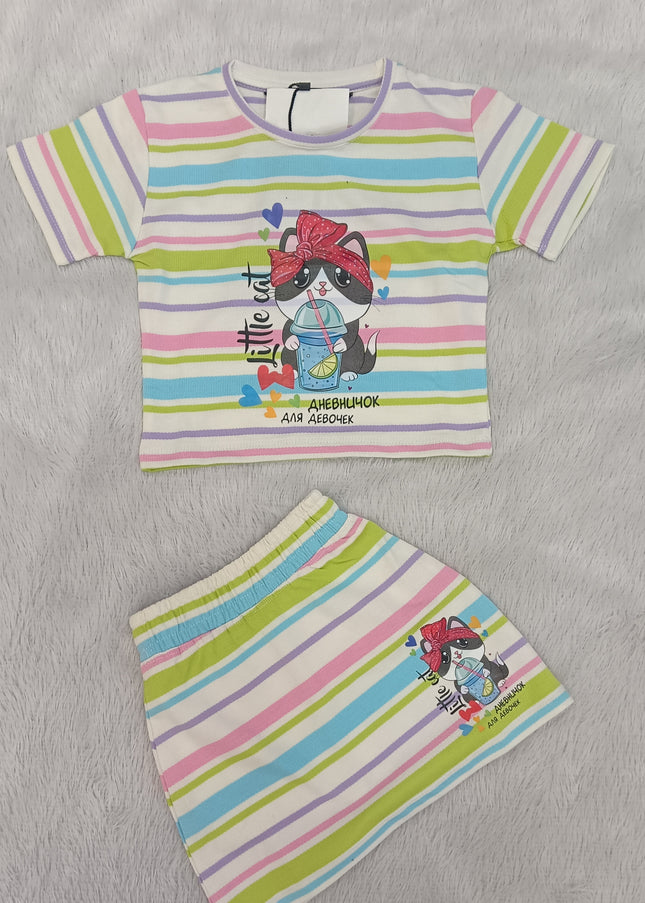 GIRLS CORDSET CODE-A67 He & She Girls Rainbow Stripe Printed Co-Ord Set | Cute Cartoon Top & Skirt Set for Girls