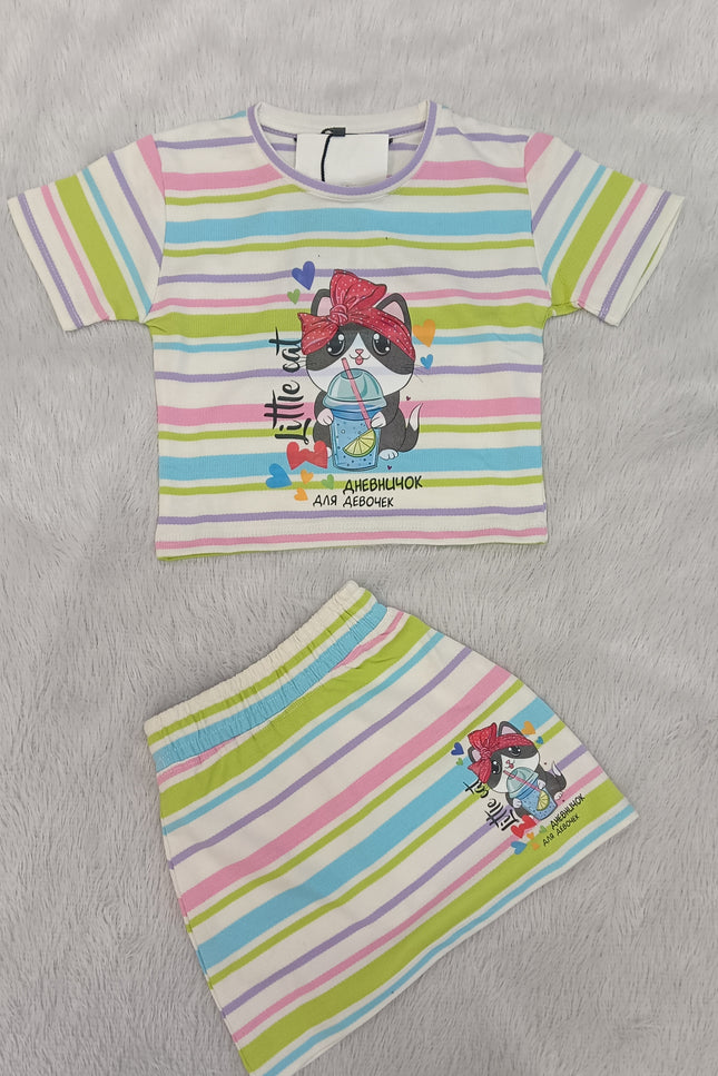 GIRLS CORDSET CODE-A67 He & She Girls Rainbow Stripe Printed Co-Ord Set | Cute Cartoon Top & Skirt Set for Girls