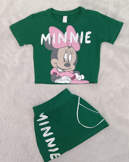 GIRLS CORDSET CODE-A66 He & She Girls Minnie Mouse Green Cotton Co-Ord Set | Kids Summer T-Shirt & Shorts Set