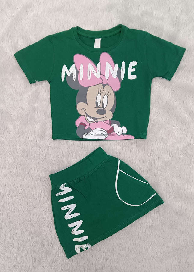 GIRLS CORDSET CODE-A66 He & She Girls Minnie Mouse Green Cotton Co-Ord Set | Kids Summer T-Shirt & Shorts Set
