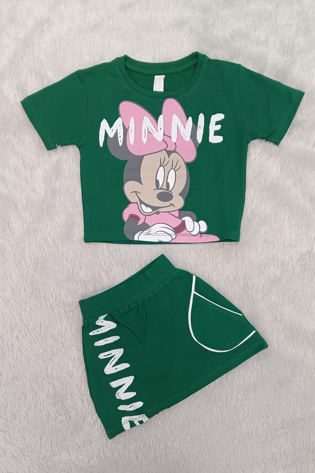 GIRLS CORDSET CODE-A66 He & She Girls Minnie Mouse Green Cotton Co-Ord Set | Kids Summer T-Shirt & Shorts Set