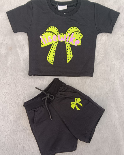 GIRLS CORDSET CODE-A68 He & She Girls Black Bow Print Co-Ord Set | Stylish T-Shirt & Shorts Set for Girls