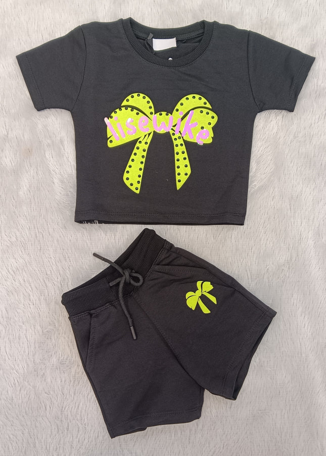 GIRLS CORDSET CODE-A68 He & She Girls Black Bow Print Co-Ord Set | Stylish T-Shirt & Shorts Set for Girls