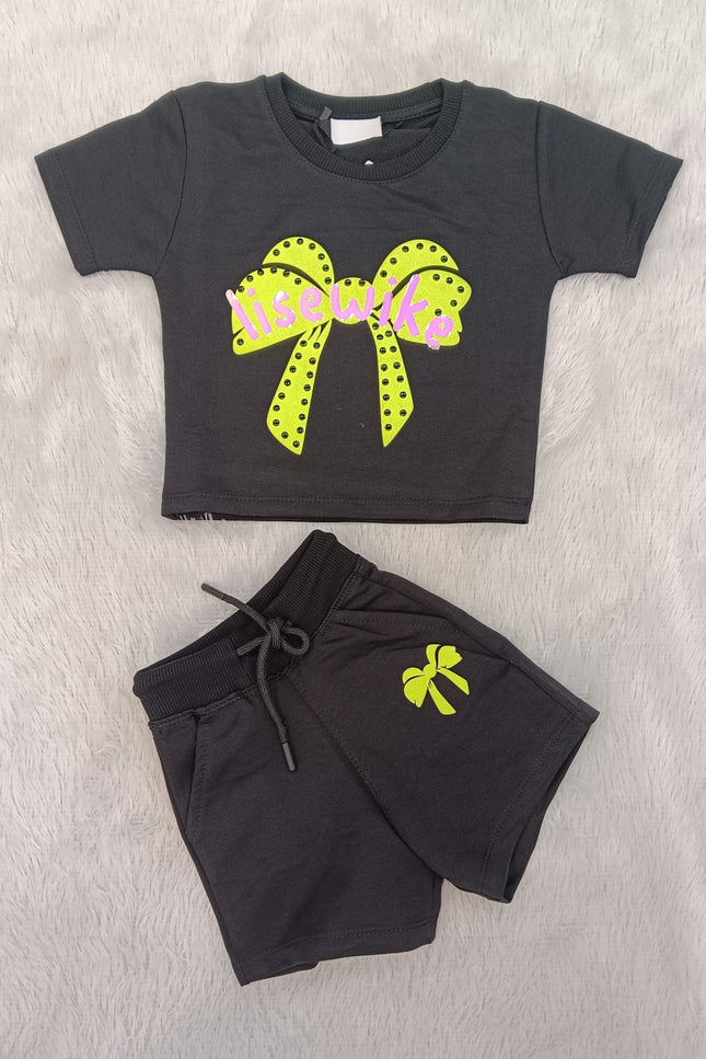 GIRLS CORDSET CODE-A68 He & She Girls Black Bow Print Co-Ord Set | Stylish T-Shirt & Shorts Set for Girls