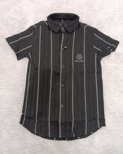BOYS SHIRT CODE-A76 He and She Boys Black Vertical Stripe Half Sleeve Shirt | Stylish Casual Cotton Blend Shirt for Kids