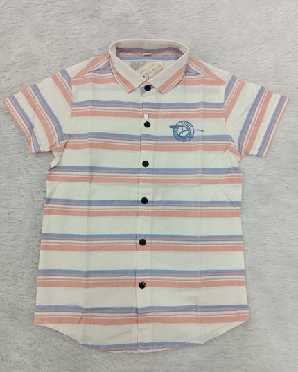 BOYS SHIRT CODE-A81 He & She Boys White, Peach & Blue Striped Casual Shirt | Half Sleeve Cotton Shirt for Kids
