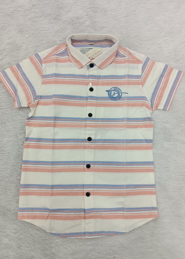 BOYS SHIRT CODE-A81 He & She Boys White, Peach & Blue Striped Casual Shirt | Half Sleeve Cotton Shirt for Kids
