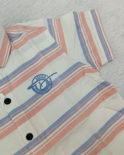 BOYS SHIRT CODE-A81 He & She Boys White, Peach & Blue Striped Casual Shirt | Half Sleeve Cotton Shirt for Kids
