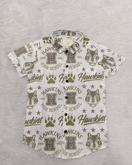 BOYS SHIRT CODE-A79 He & She Boys White & Olive Green Printed Casual Cotton Shirt