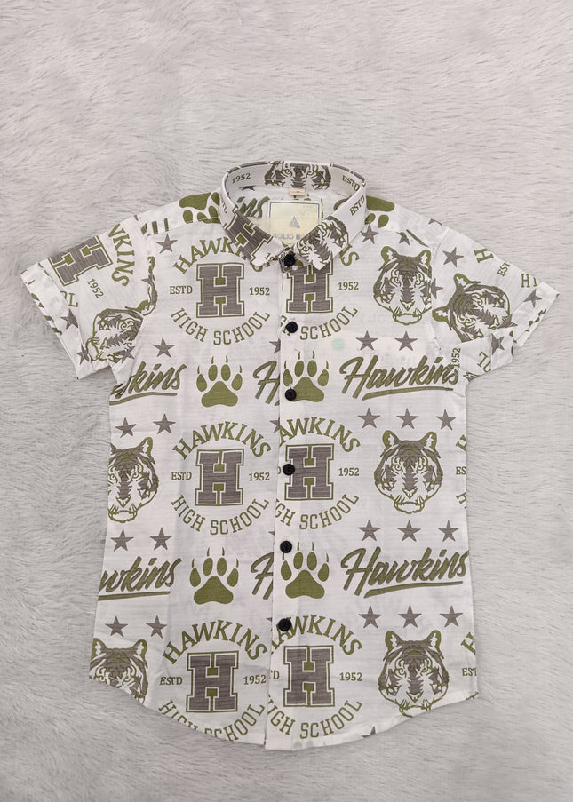 BOYS SHIRT CODE-A79 He & She Boys White & Olive Green Printed Casual Cotton Shirt
