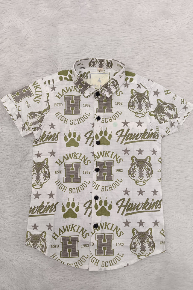 BOYS SHIRT CODE-A79 He & She Boys White & Olive Green Printed Casual Cotton Shirt