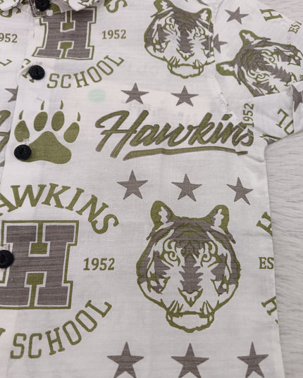 BOYS SHIRT CODE-A79 He & She Boys White & Olive Green Printed Casual Cotton Shirt