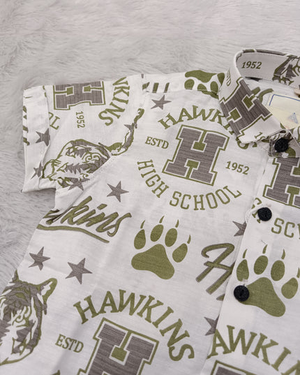 BOYS SHIRT CODE-A79 He & She Boys White & Olive Green Printed Casual Cotton Shirt