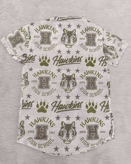 BOYS SHIRT CODE-A79 He & She Boys White & Olive Green Printed Casual Cotton Shirt