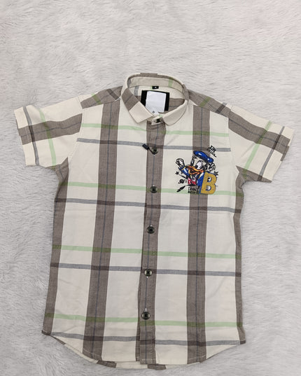 BOYS SHIRT CODE-A80 He & She Boys White & Olive Green Printed Casual Shirt | Half Sleeve Cotton Blend Shirt for Kids