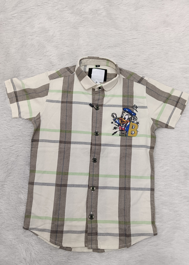BOYS SHIRT CODE-A80 He & She Boys White & Olive Green Printed Casual Shirt | Half Sleeve Cotton Blend Shirt for Kids