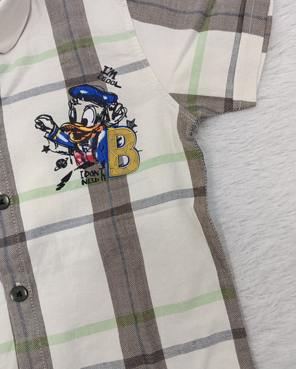 BOYS SHIRT CODE-A80 He & She Boys White & Olive Green Printed Casual Shirt | Half Sleeve Cotton Blend Shirt for Kids