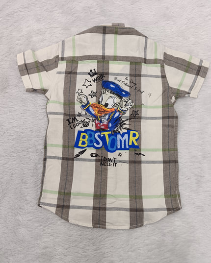 BOYS SHIRT CODE-A80 He & She Boys White & Olive Green Printed Casual Shirt | Half Sleeve Cotton Blend Shirt for Kids
