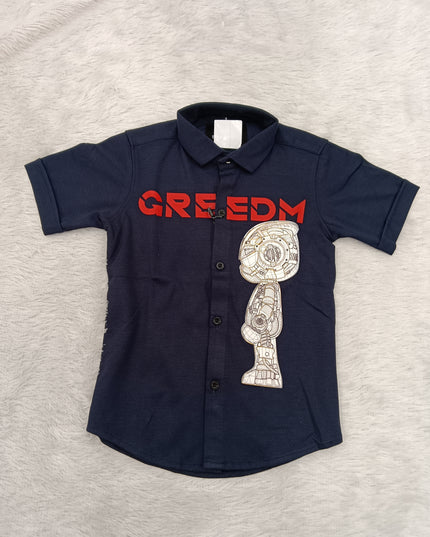 BOYS SHIRT CODE-A87 He And She Boys Navy Blue Printed Casual Shirt | Half Sleeve Robot Graphic Shirt for Kids