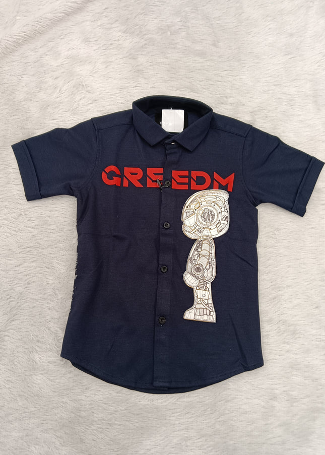 BOYS SHIRT CODE-A87 He And She Boys Navy Blue Printed Casual Shirt | Half Sleeve Robot Graphic Shirt for Kids