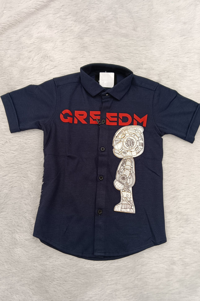 BOYS SHIRT CODE-A87 He And She Boys Navy Blue Printed Casual Shirt | Half Sleeve Robot Graphic Shirt for Kids