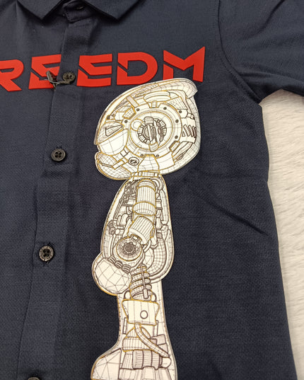 BOYS SHIRT CODE-A87 He And She Boys Navy Blue Printed Casual Shirt | Half Sleeve Robot Graphic Shirt for Kids