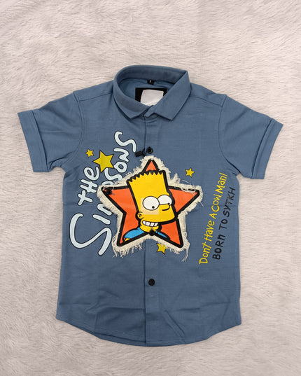 BOYS SHIRT CODE-A85 He And She Boys Blue Cartoon Print Casual Half Sleeve Shirt