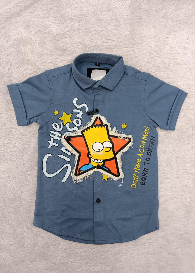 BOYS SHIRT CODE-A85 He And She Boys Blue Cartoon Print Casual Half Sleeve Shirt
