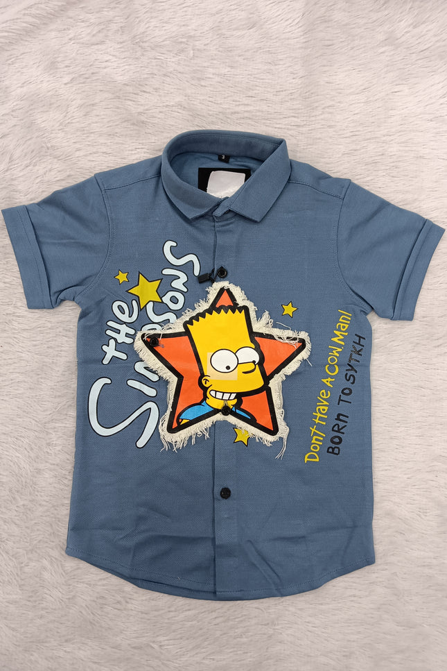 BOYS SHIRT CODE-A85 He And She Boys Blue Cartoon Print Casual Half Sleeve Shirt