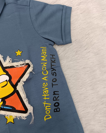 BOYS SHIRT CODE-A85 He And She Boys Blue Cartoon Print Casual Half Sleeve Shirt