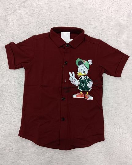 BOYS SHIRT CODE-A86 He And She Boys Maroon Cartoon Print Half Sleeve Casual Shirt