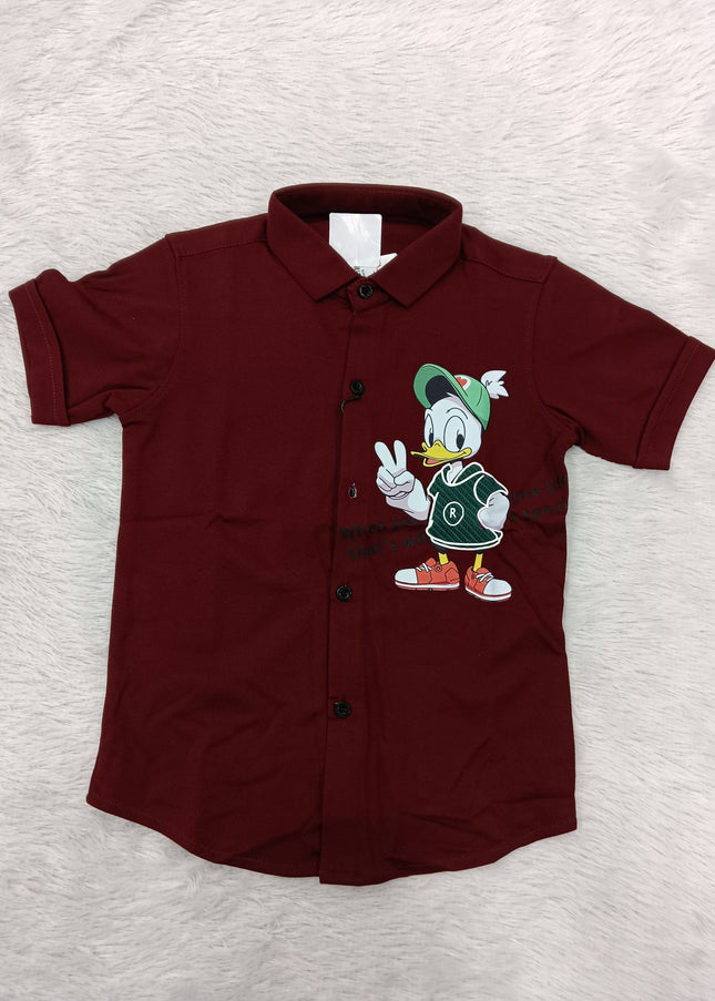 BOYS SHIRT CODE-A86 He And She Boys Maroon Cartoon Print Half Sleeve Casual Shirt