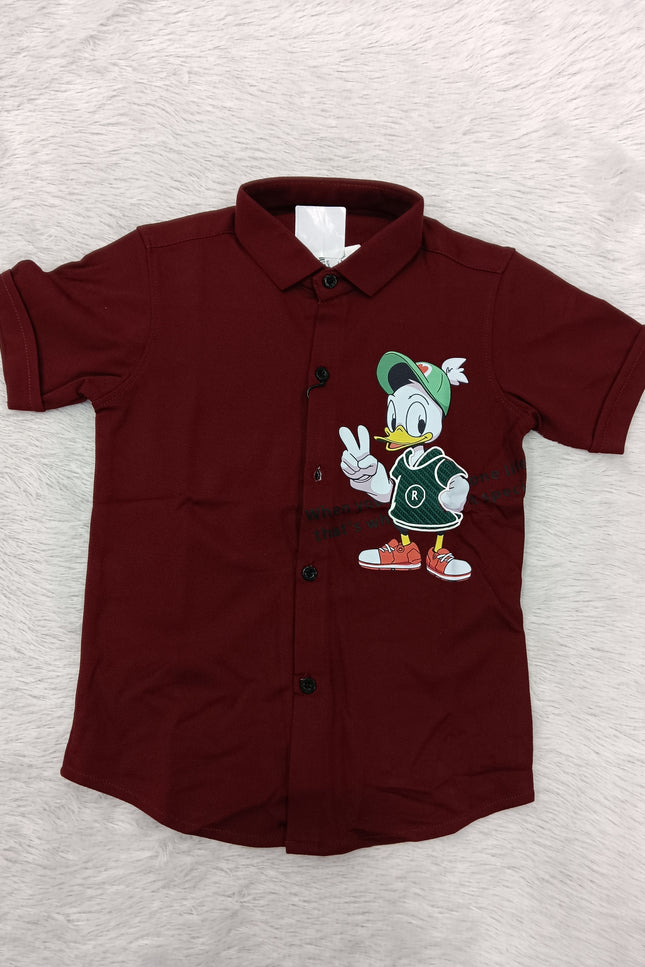 BOYS SHIRT CODE-A86 He And She Boys Maroon Cartoon Print Half Sleeve Casual Shirt