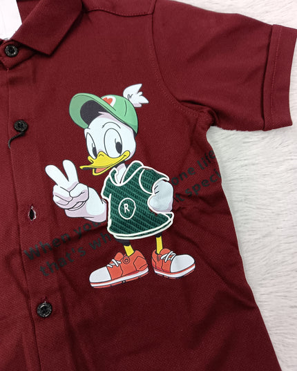 BOYS SHIRT CODE-A86 He And She Boys Maroon Cartoon Print Half Sleeve Casual Shirt