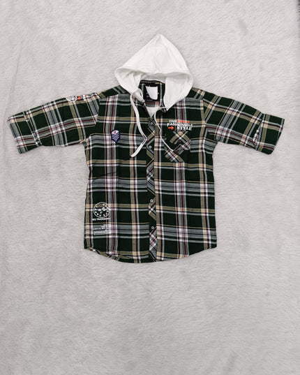 BOYS SHIRT CODE-A77 He & She Boys Green Checked Hooded Full Sleeve Cotton Shirt | Casual Fashion Shirt for Kids