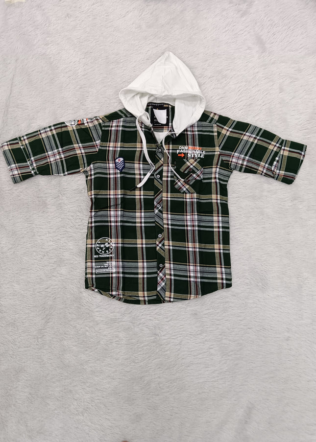 BOYS SHIRT CODE-A77 He & She Boys Green Checked Hooded Full Sleeve Cotton Shirt | Casual Fashion Shirt for Kids