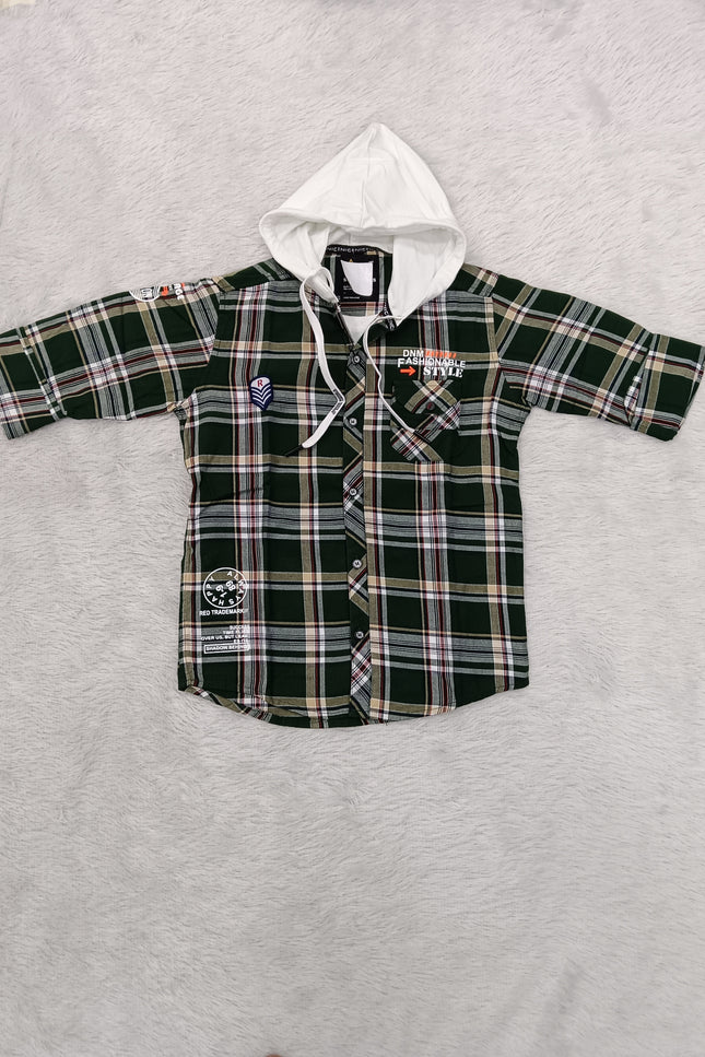 BOYS SHIRT CODE-A77 He & She Boys Green Checked Hooded Full Sleeve Cotton Shirt | Casual Fashion Shirt for Kids