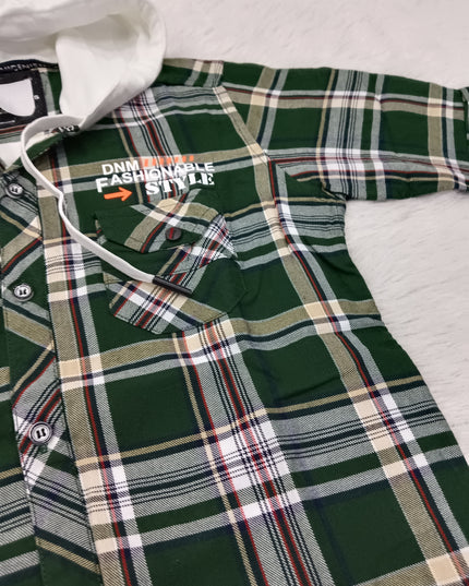 BOYS SHIRT CODE-A77 He & She Boys Green Checked Hooded Full Sleeve Cotton Shirt | Casual Fashion Shirt for Kids