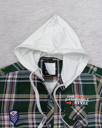 BOYS SHIRT CODE-A77 He & She Boys Green Checked Hooded Full Sleeve Cotton Shirt | Casual Fashion Shirt for Kids