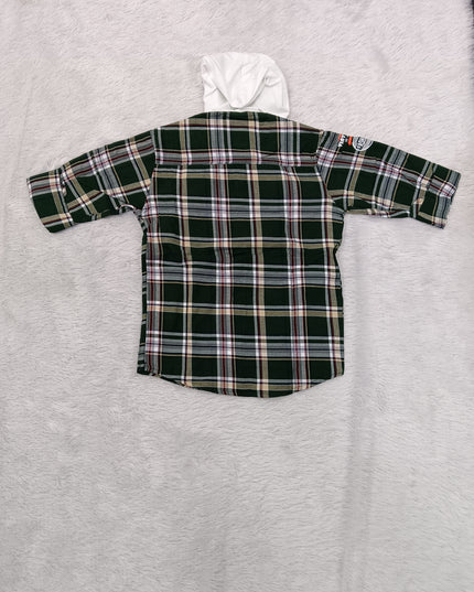BOYS SHIRT CODE-A77 He & She Boys Green Checked Hooded Full Sleeve Cotton Shirt | Casual Fashion Shirt for Kids