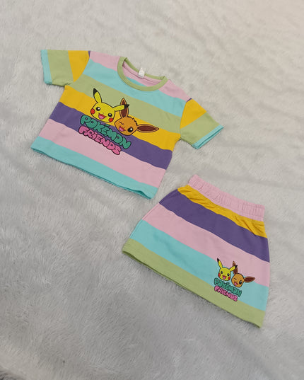 GIRLS WESTERN CORD SET CODE-A88 He and She Girls Pokémon Friends Striped Co-ord Set | Kids Cotton T-Shirt & Skirt Set