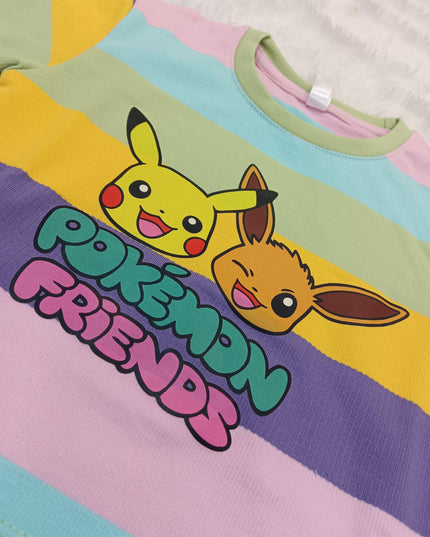 GIRLS WESTERN CORD SET CODE-A88 He and She Girls Pokémon Friends Striped Co-ord Set | Kids Cotton T-Shirt & Skirt Set