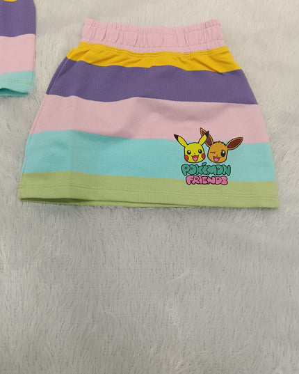 GIRLS WESTERN CORD SET CODE-A88 He and She Girls Pokémon Friends Striped Co-ord Set | Kids Cotton T-Shirt & Skirt Set