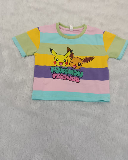 GIRLS WESTERN CORD SET CODE-A88 He and She Girls Pokémon Friends Striped Co-ord Set | Kids Cotton T-Shirt & Skirt Set
