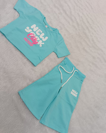 A90 He and She Girls Aqua Blue New York Printed Co-Ord Set | Stylish Kids Casual Wear Cord Set