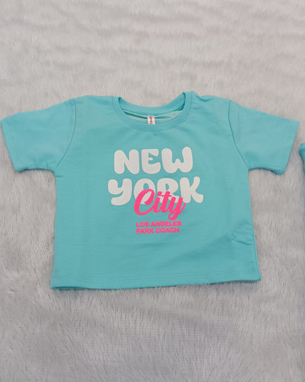 A90 He and She Girls Aqua Blue New York Printed Co-Ord Set | Stylish Kids Casual Wear Cord Set